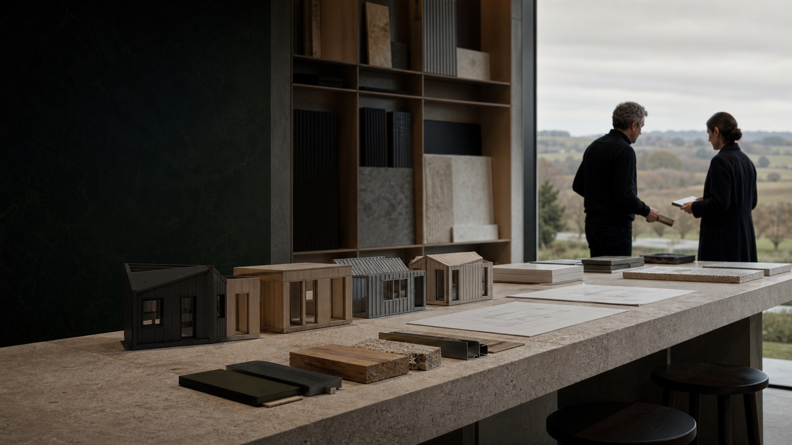 Architectural material library with several modular massing models being compared