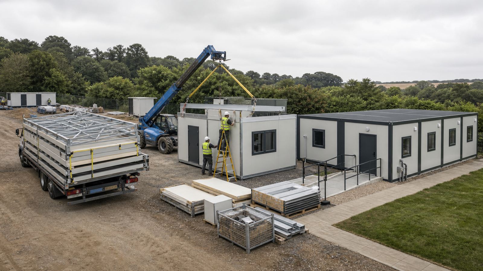 Flat-pack modular building assembly on an organised UK site