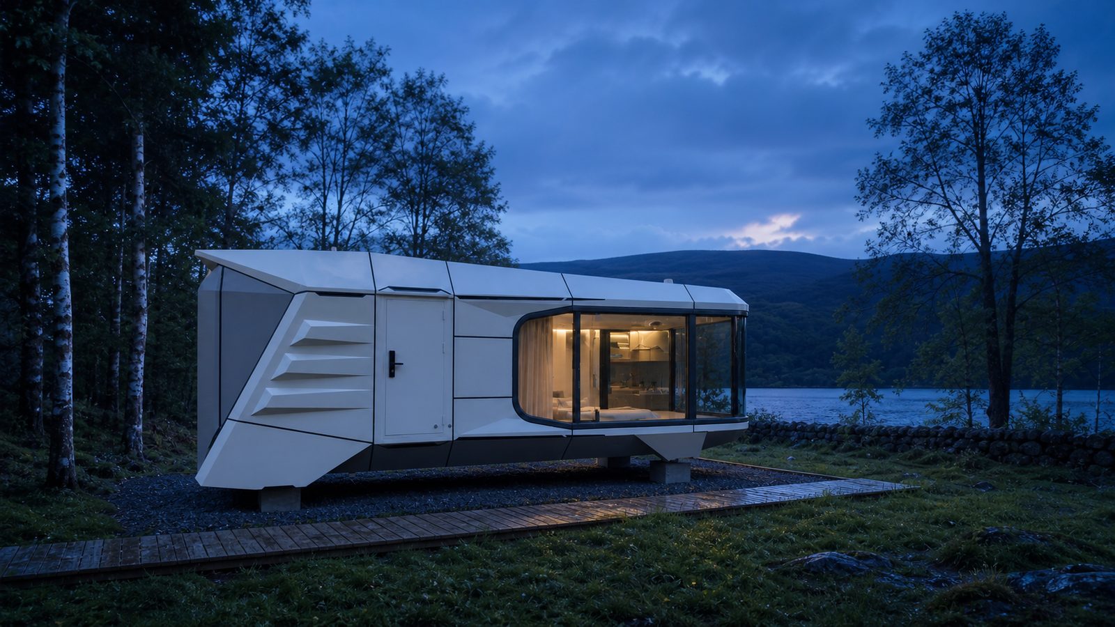 Illustrative capsule retreat beside a lake at dusk
