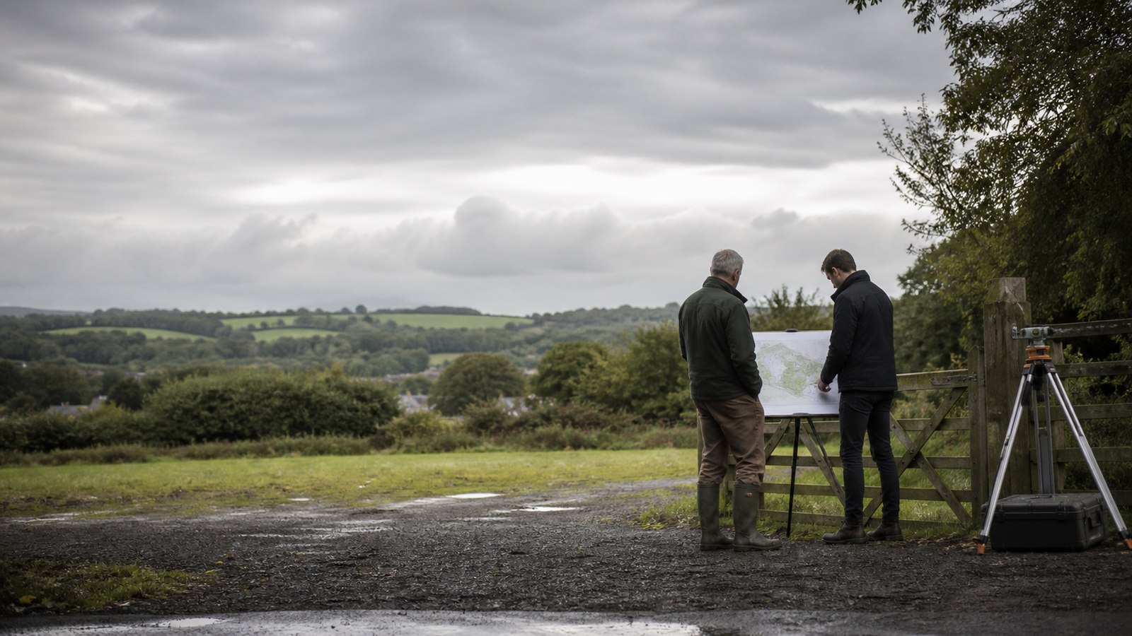 Landowner and project adviser reviewing a site plan in the British countryside