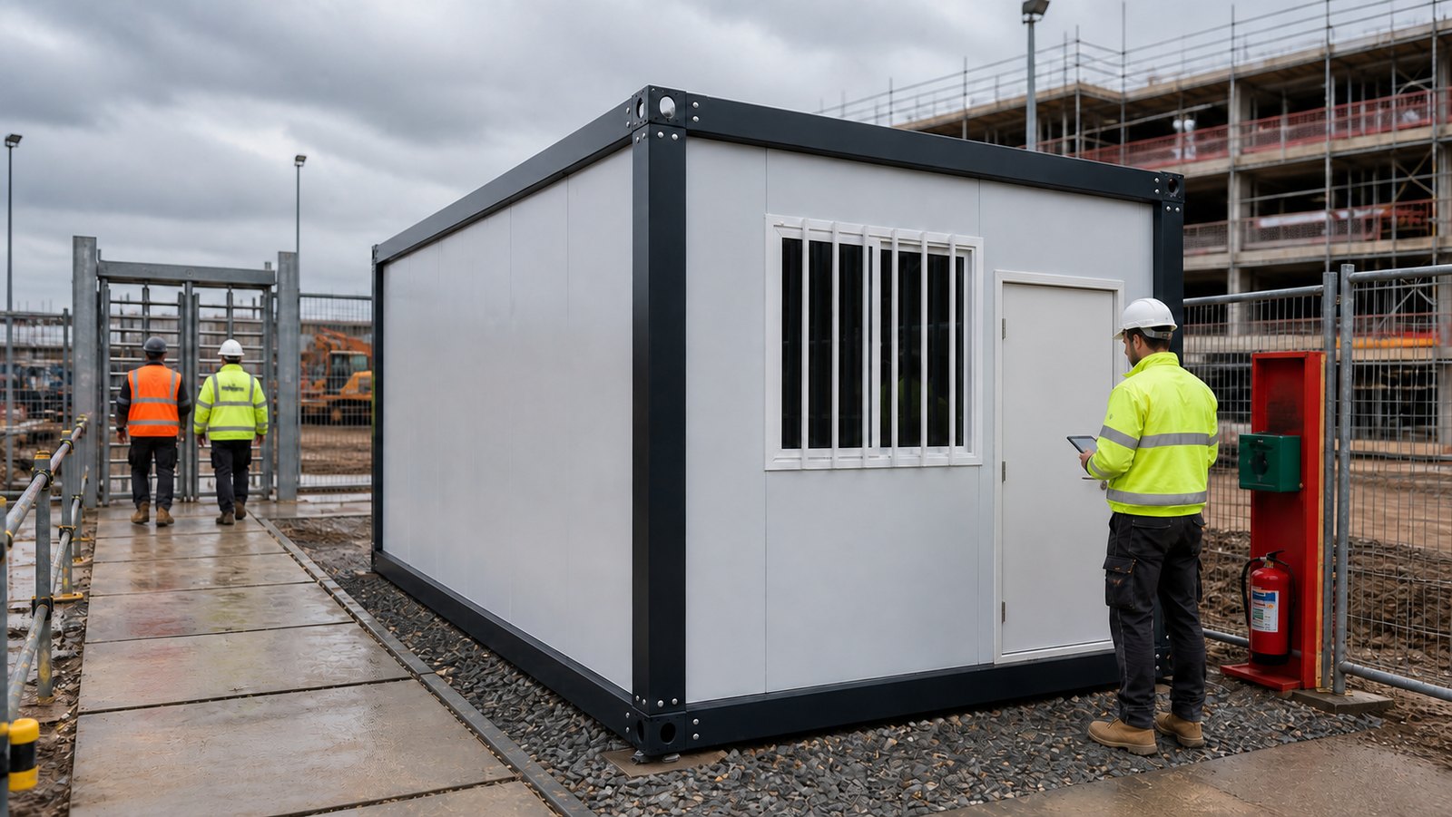 Illustrative FPC 023 flat-pack office frontage in an organised UK construction setting