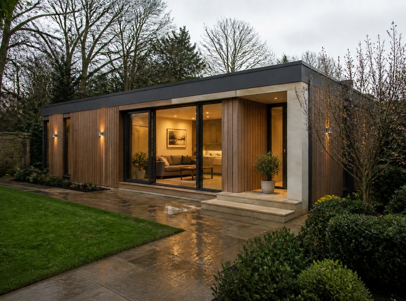 Compact residential annexe in a British garden setting