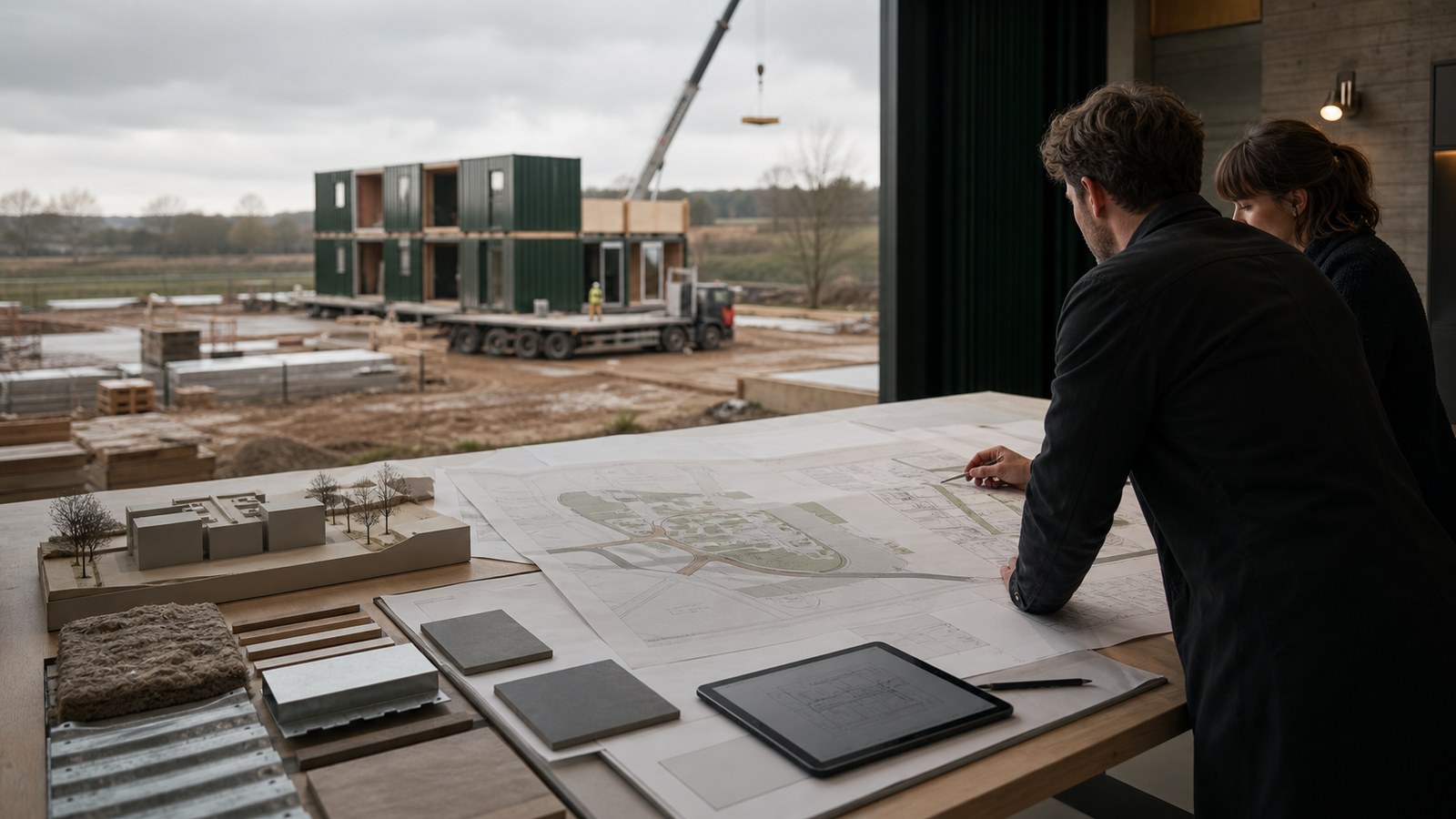Project team reviewing plans, material samples and delivery interfaces