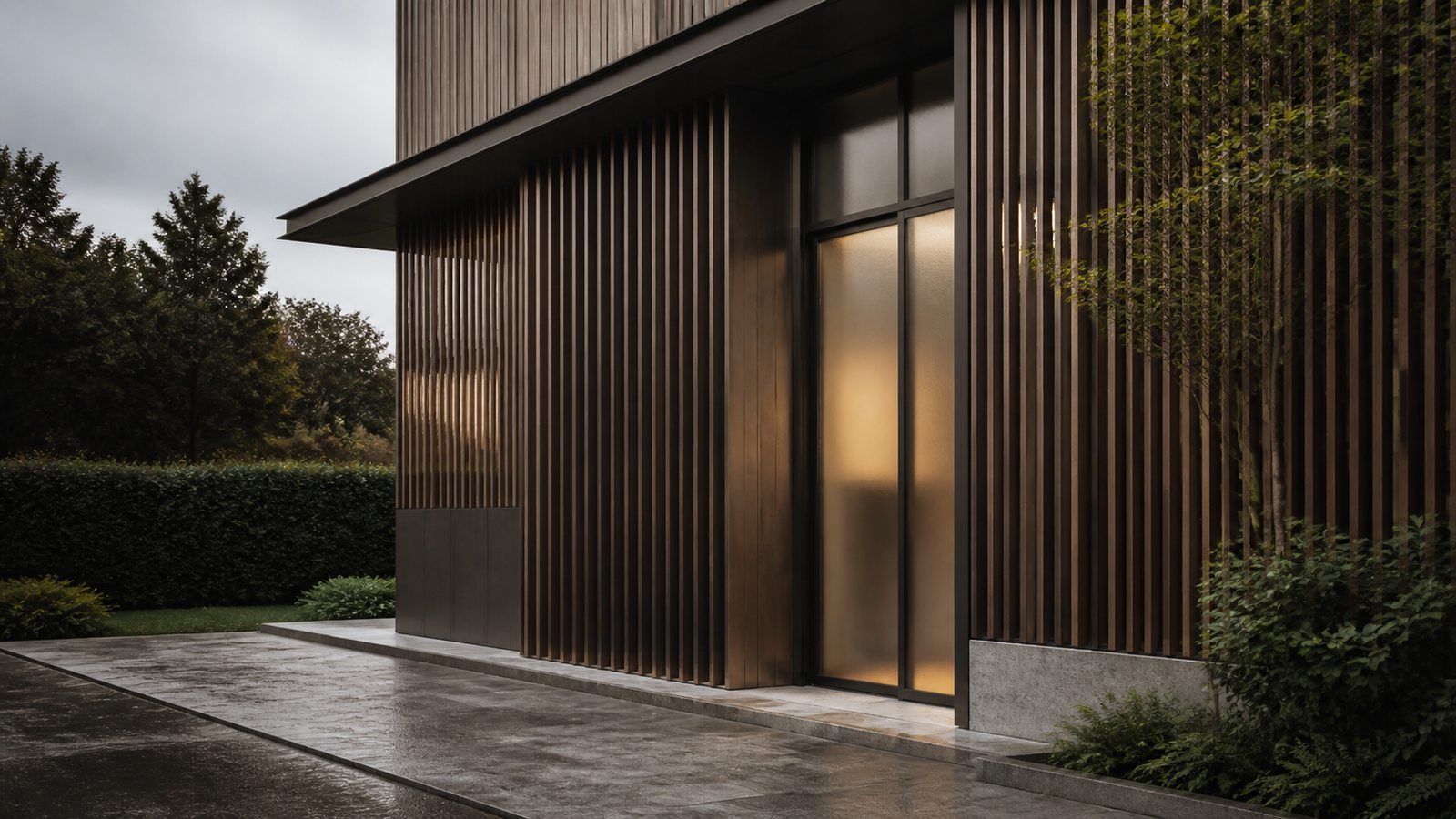 Timber screening and frosted glazing creating privacy in a contemporary architectural facade