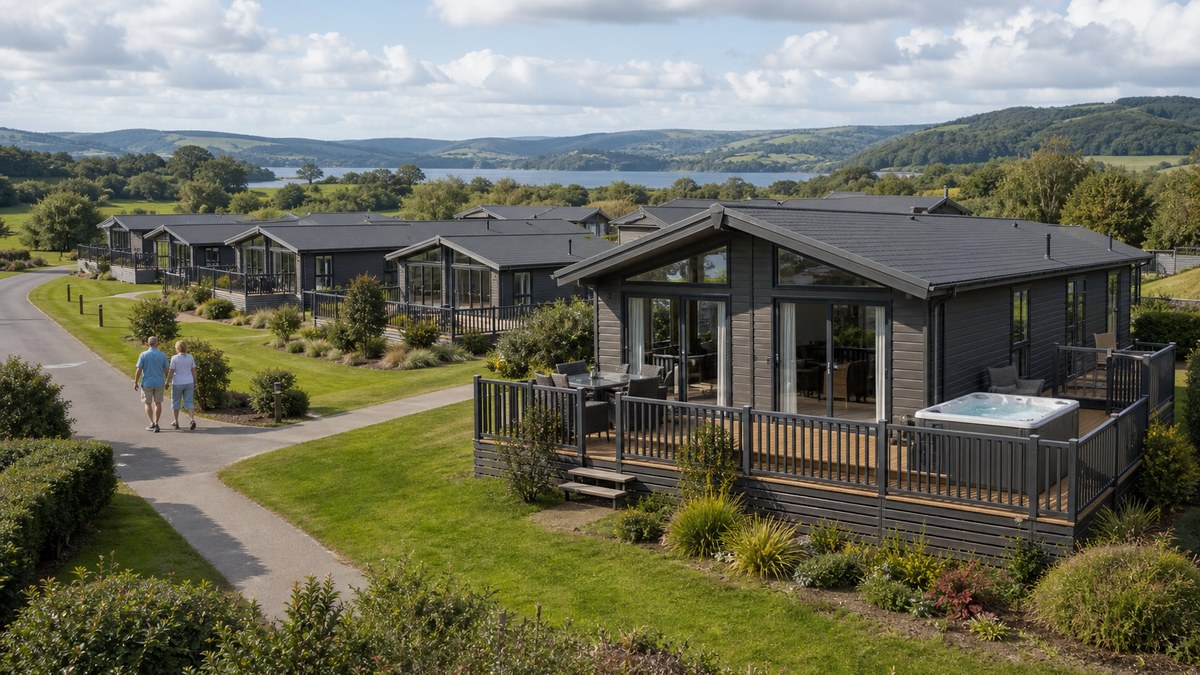 Illustrative UK holiday-lodge park showing standard and premium plots