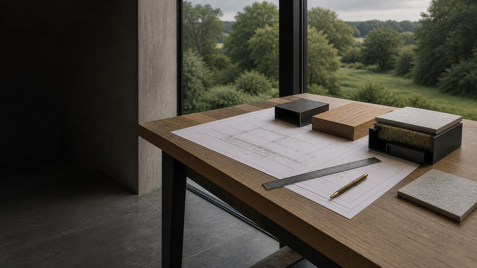 Architectural drawings and material samples arranged for careful specification review